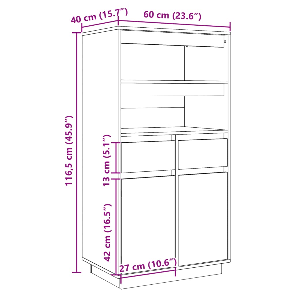 Hoge kast 60x40x116,5 cm massief grenenhout wit