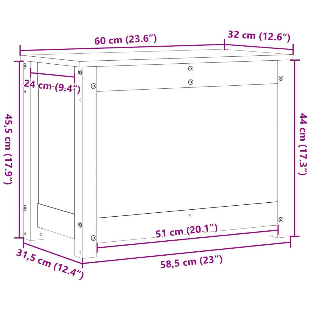 Opbergbox 60x32x45,5 cm massief grenenhout