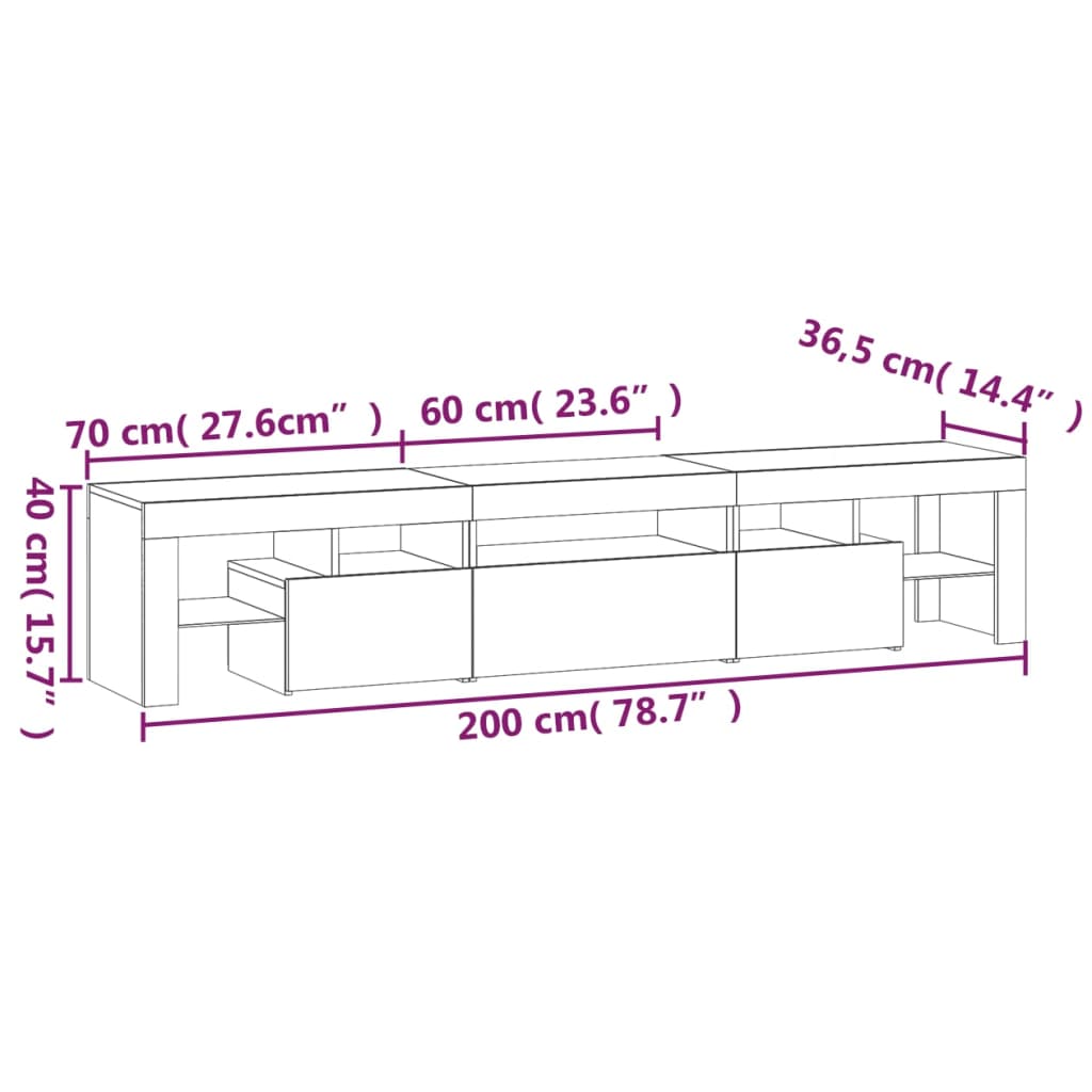 Tv-meubel met LED-verlichting 200x36,5x40 cm zwart