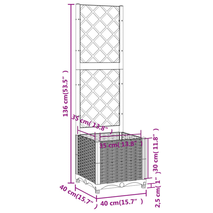 Plantenbak met latwerk 40x40x136 cm polypropeen lichtgrijs