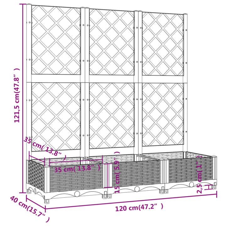 Plantenbak met latwerk 120x40x121,5 cm polypropeen lichtgrijs