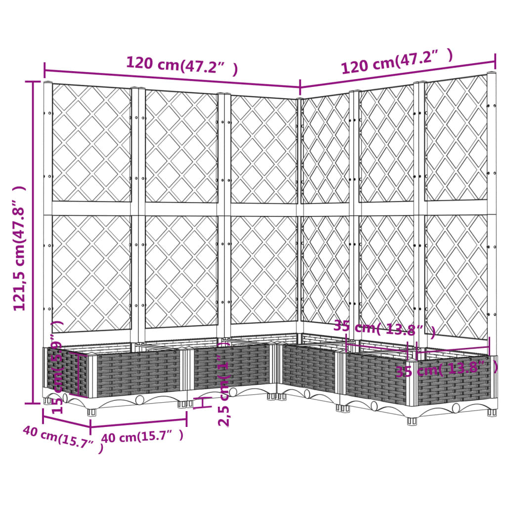 Plantenbak met latwerk 120x120x121,5 cm polypropeen lichtgrijs