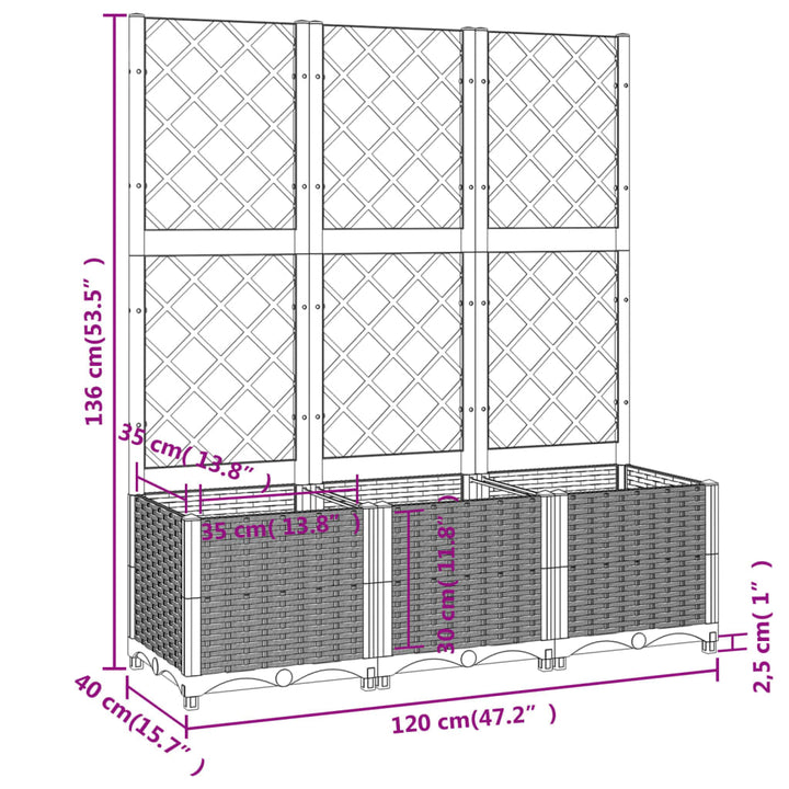 Plantenbak met latwerk 120x40x136 cm polypropeen wit