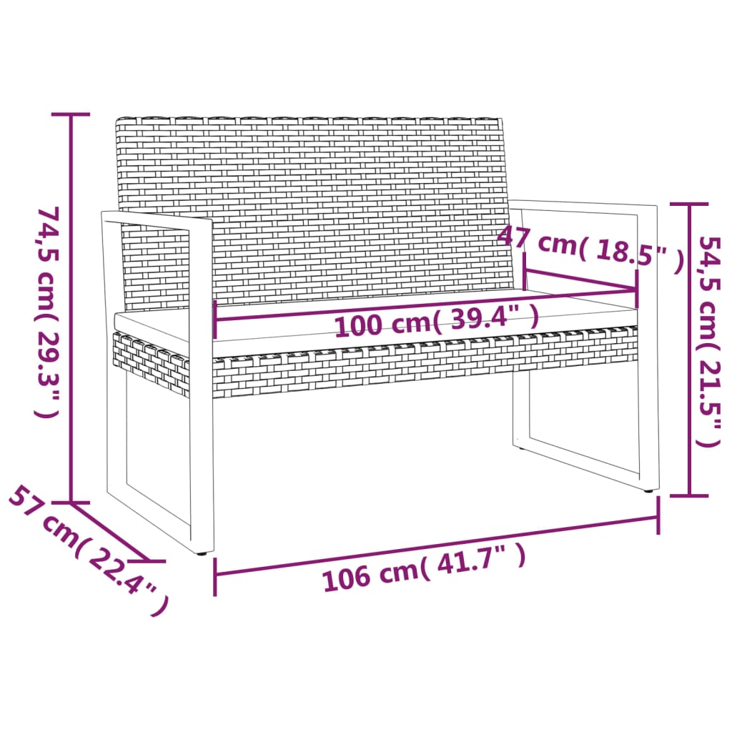 Tuinbank met kussens 106 cm poly rattan zwart