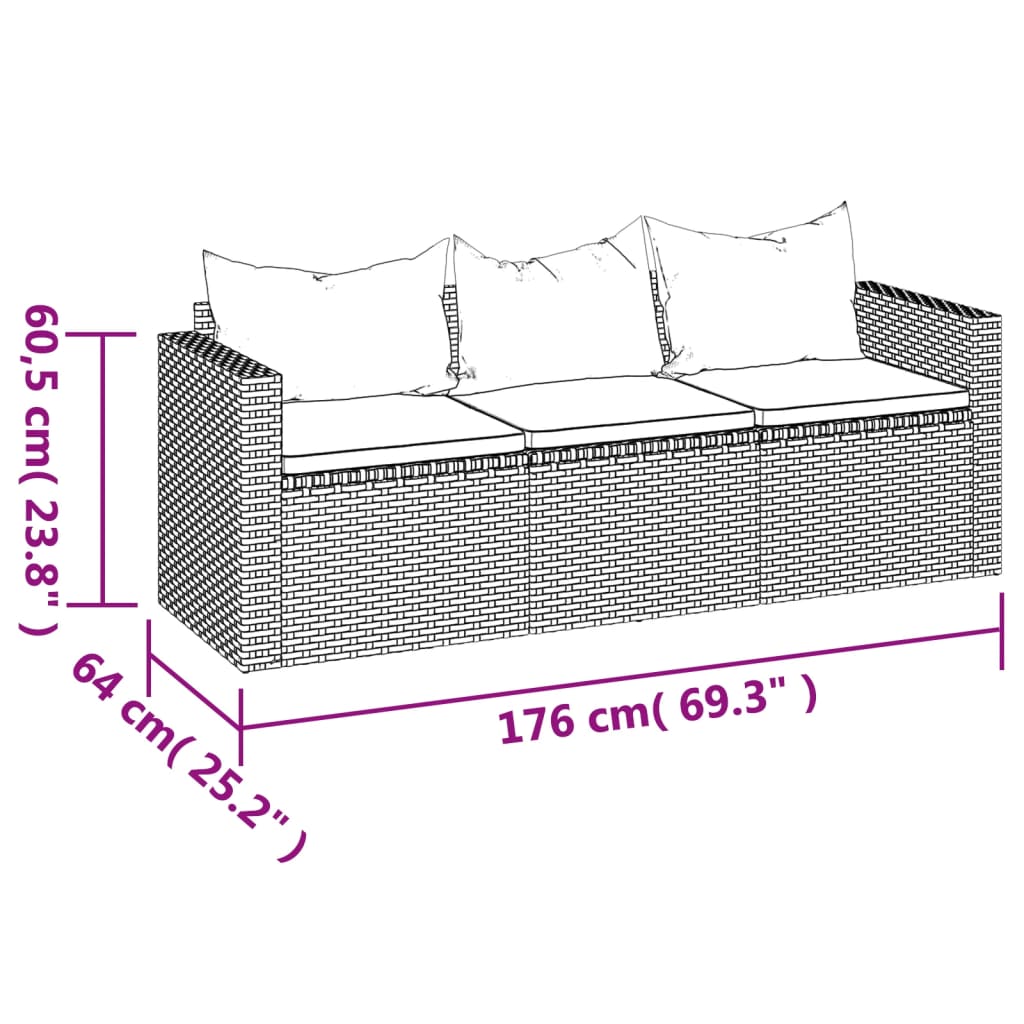 Tuinbank 3-zits met kussens poly rattan bruin