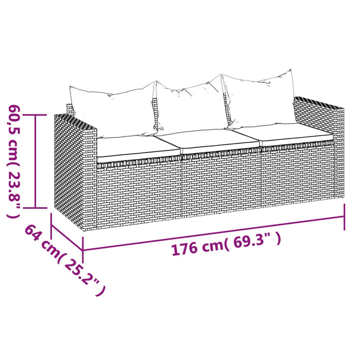 Tuinbank 3-zits met kussens poly rattan bruin