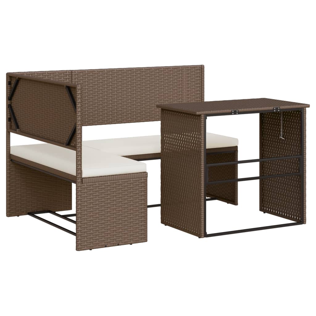 Tuinbank met tafel en kussens L-vormig poly rattan bruin