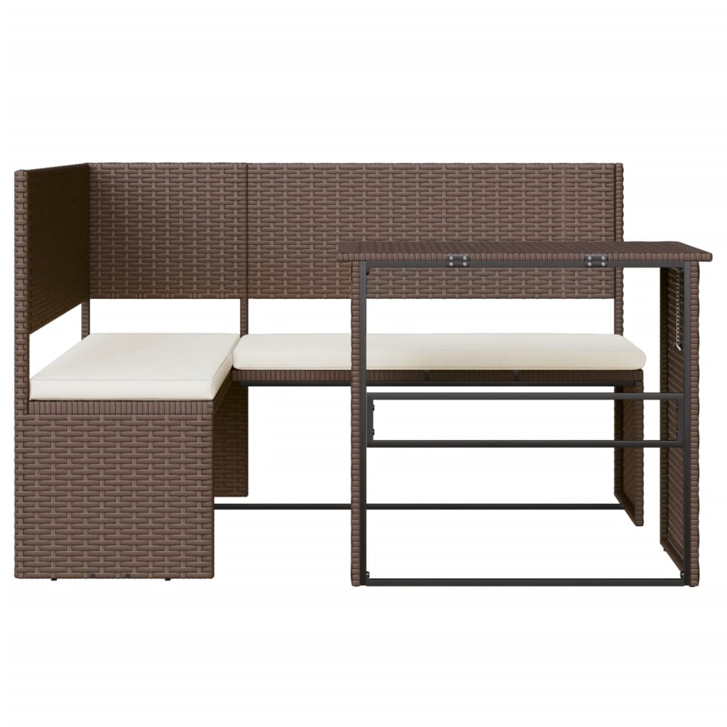 Tuinbank met tafel en kussens L-vormig poly rattan bruin