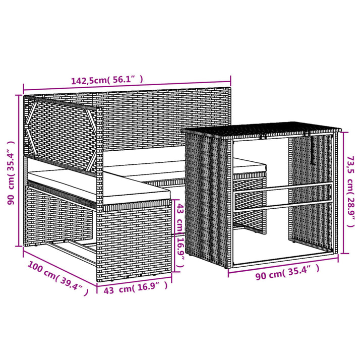 Tuinbank met tafel en kussens L-vormig poly rattan bruin