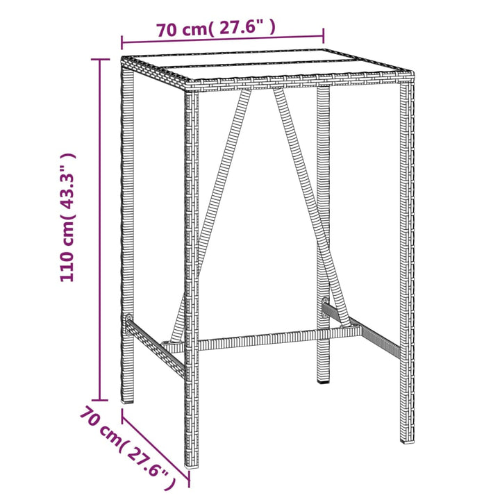 Bartafel met glazen blad 70x70x110 cm poly rattan zwart