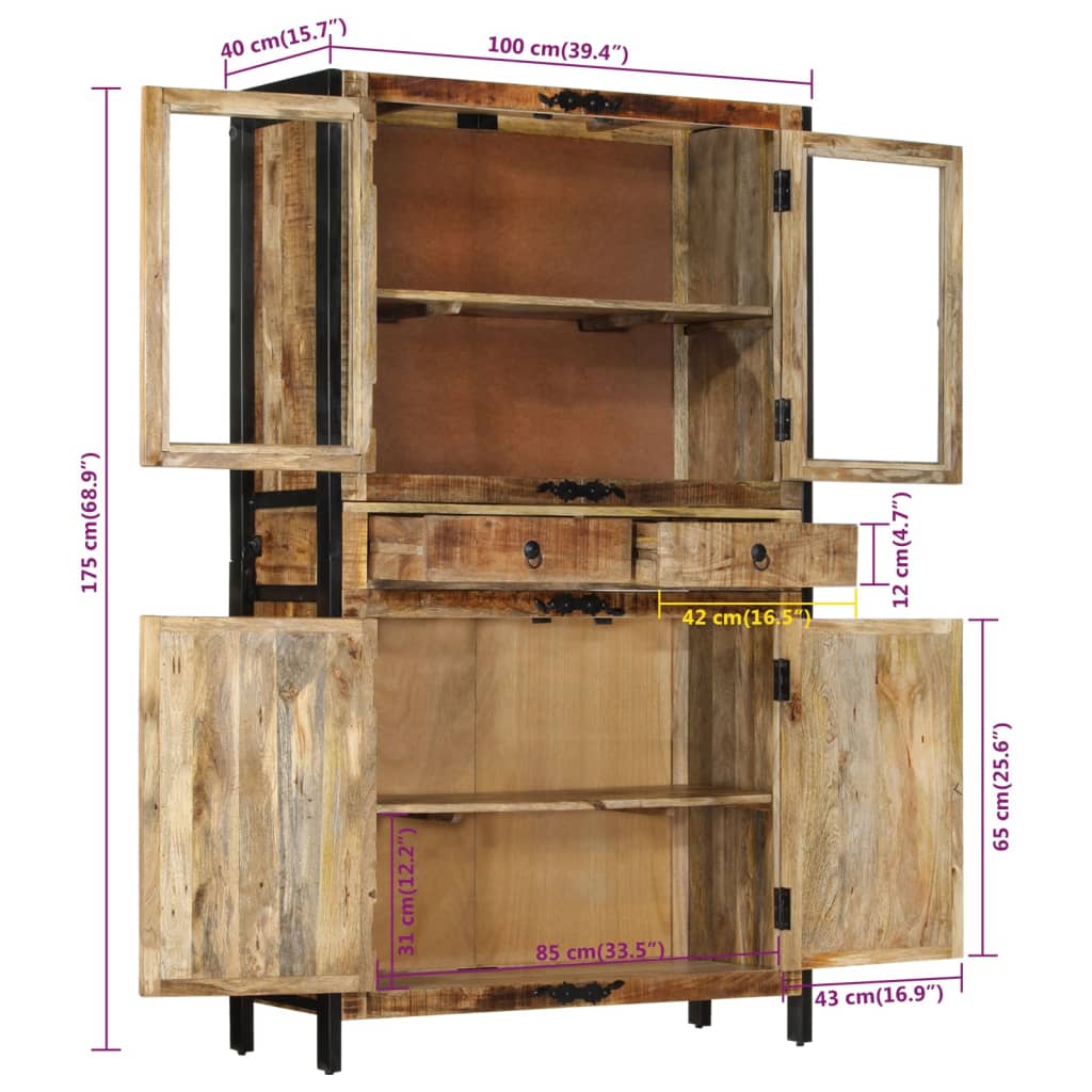 Hoge kast 100x40x175 cm massief ruw mangohout