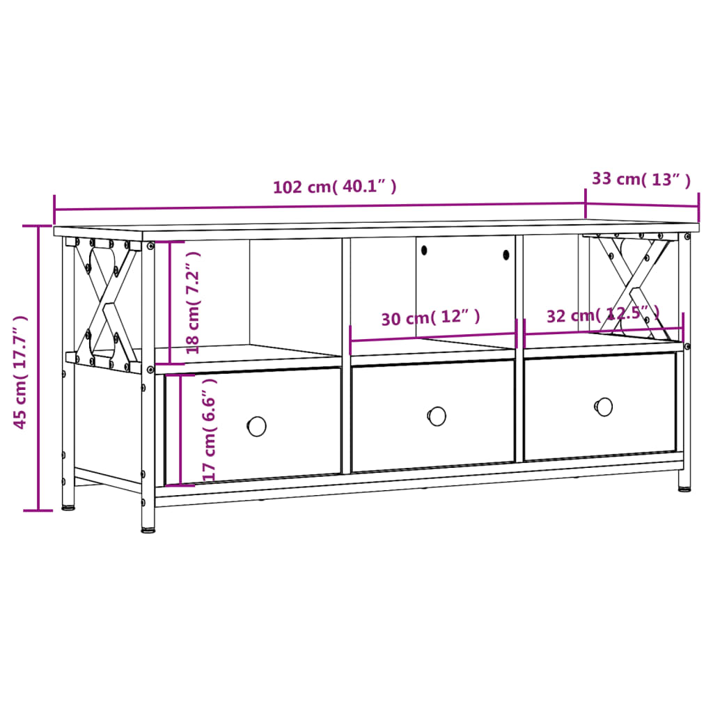 Tv-meubel 102x33x45 cm bewerkt hout en ijzer sonoma eikenkleur