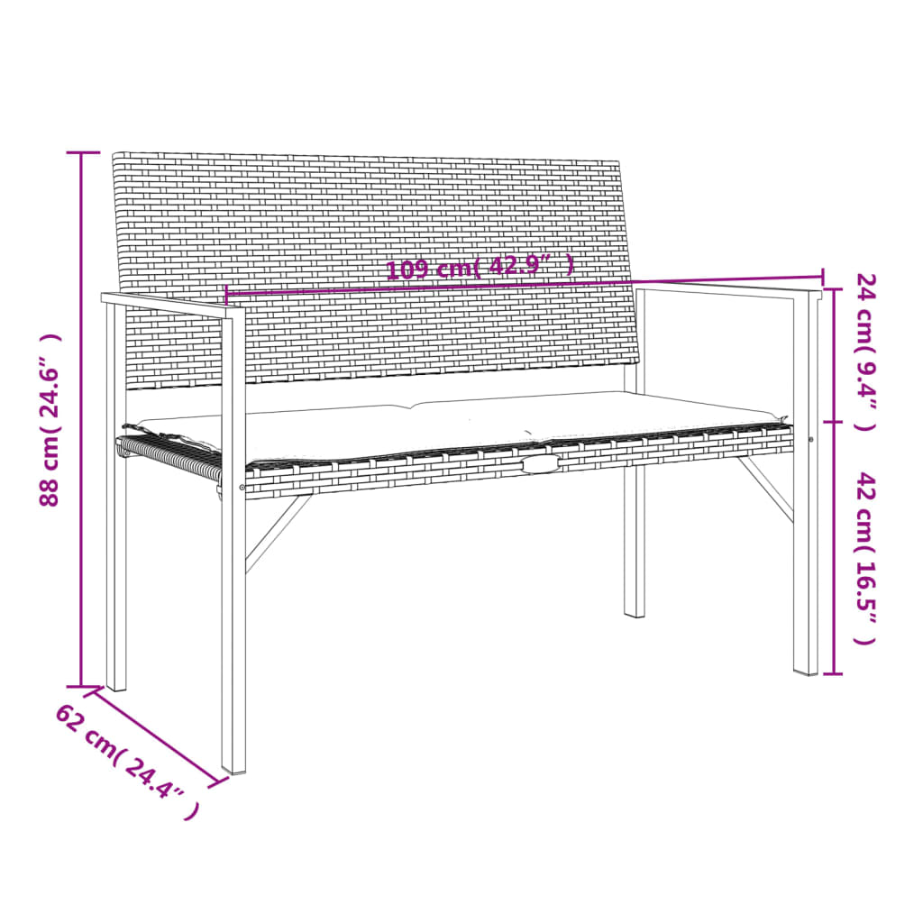 Tuinbank 2-zits met kussen poly rattan zwart