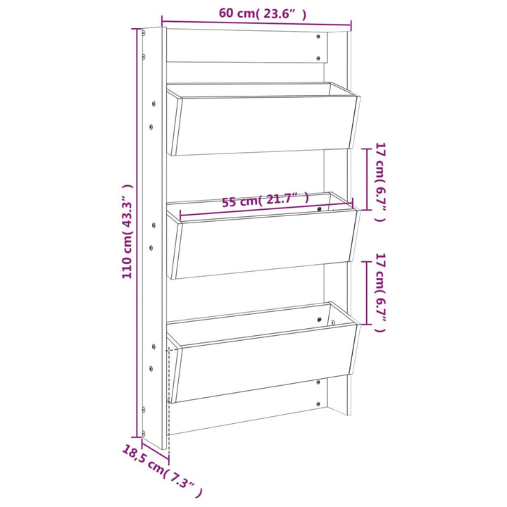 Plantenbak wandmontage 3-laags 60x18,5x110 cm grenenhout grijs