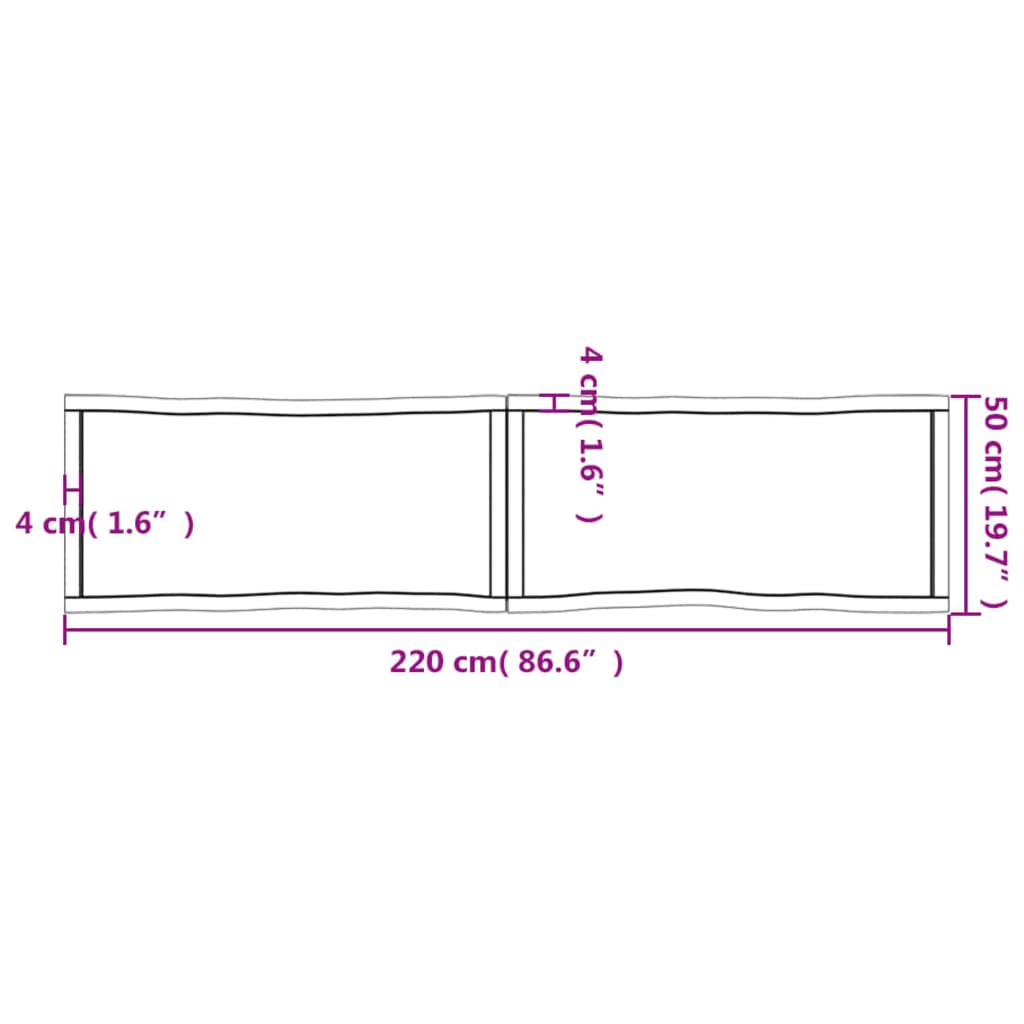 Tafelblad natuurlijke rand 220x50x4 cm massief eikenhout