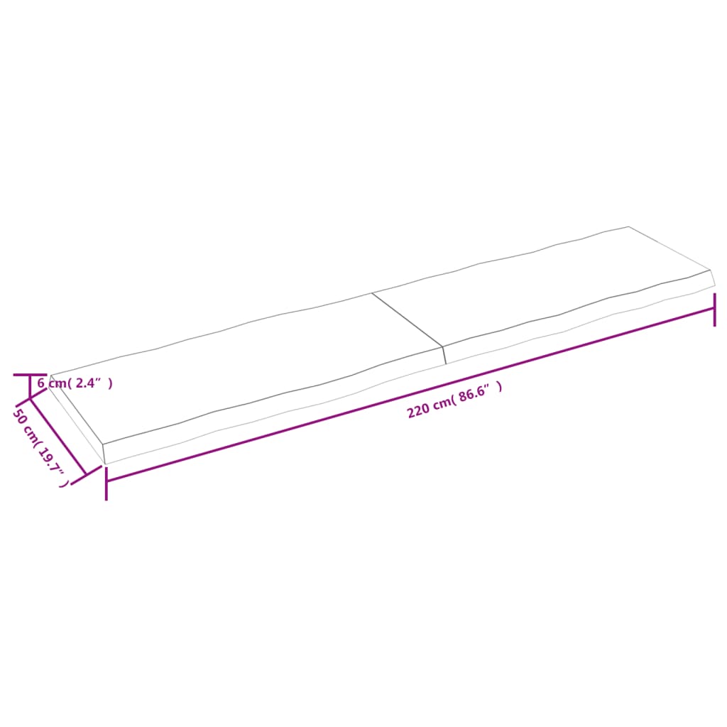 Tafelblad natuurlijke rand 220x50x(2-6)cm eikenhout lichtbruin