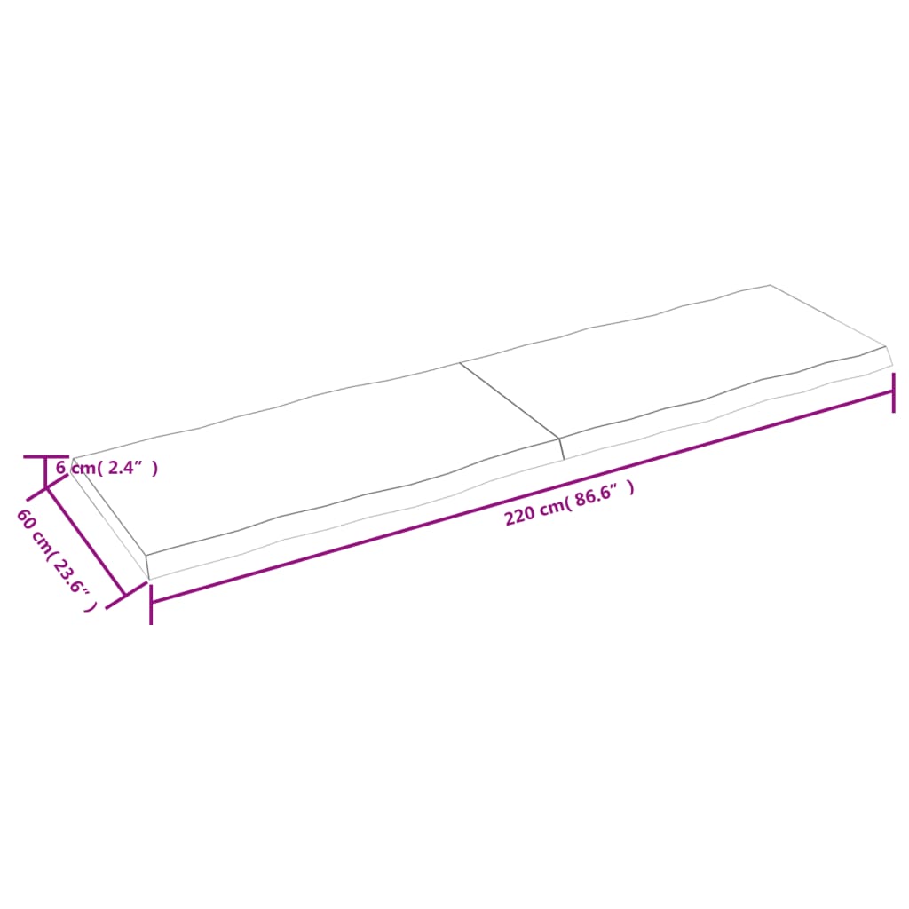 Tafelblad natuurlijke rand 220x60x(2-6)cm eikenhout lichtbruin