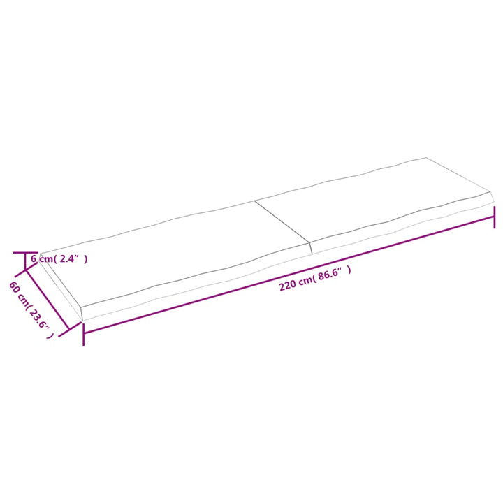 Tafelblad natuurlijke rand 220x60x(2-6)cm eikenhout lichtbruin