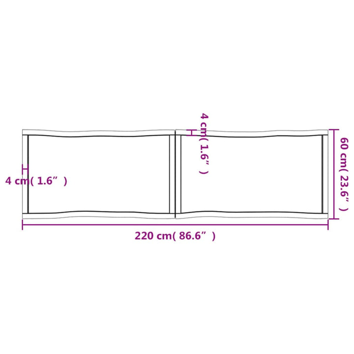 Tafelblad natuurlijke rand 220x60x(2-6)cm eikenhout lichtbruin