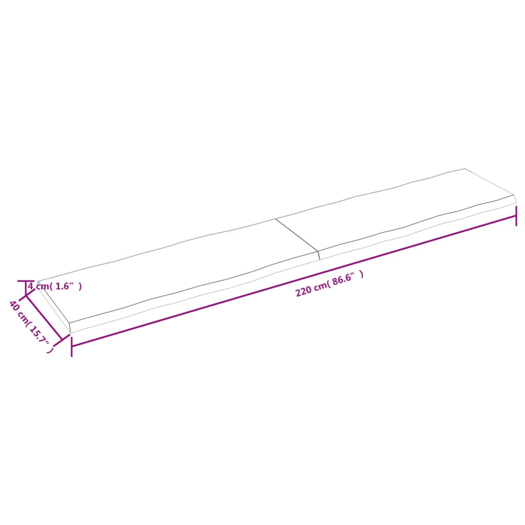 Tafelblad natuurlijke rand 220x40x(2-4)cm eikenhout donkerbruin