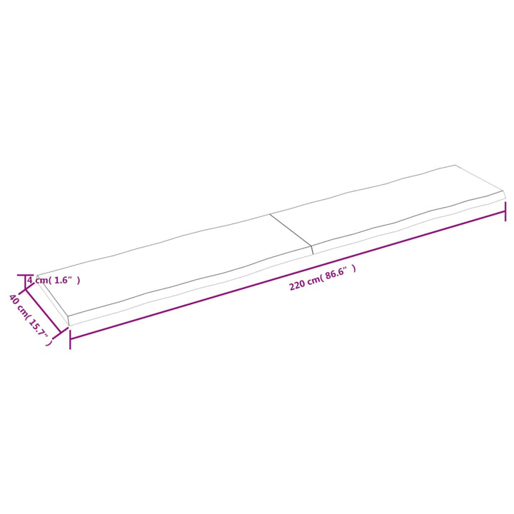 Tafelblad natuurlijke rand 220x40x(2-4)cm eikenhout donkerbruin