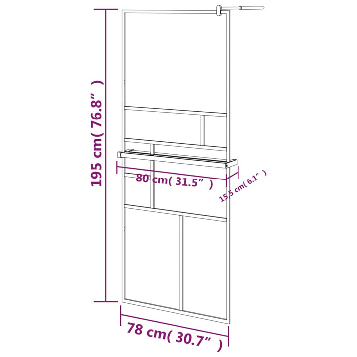 Inloopdouchewand met schap 80x195 cm ESG-Glas aluminium zwart