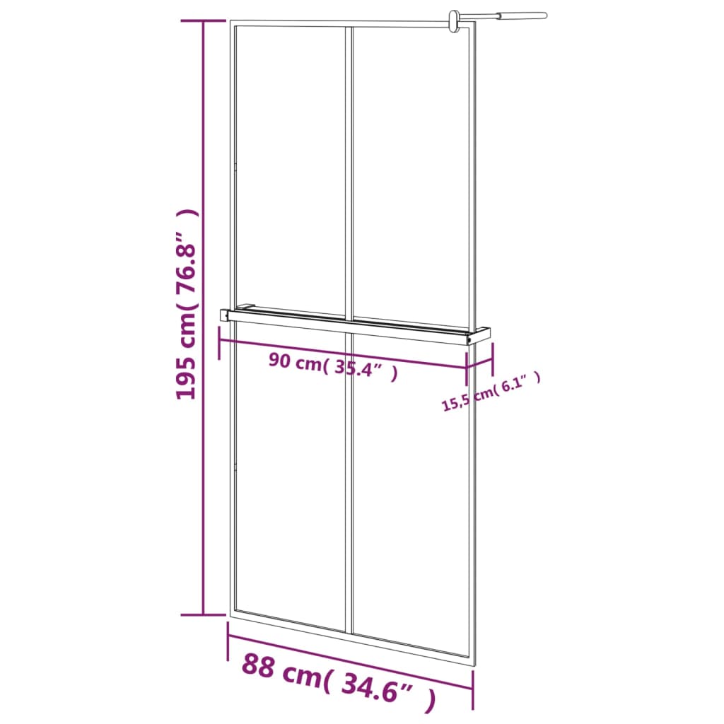 Inloopdouchewand met schap 90x195 cm ESG-glas aluminium zwart