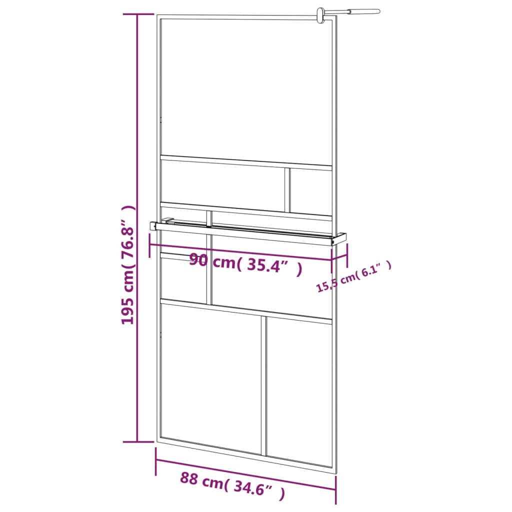 Inloopdouchewand met schap 90x195 cm ESG-glas aluminium zwart