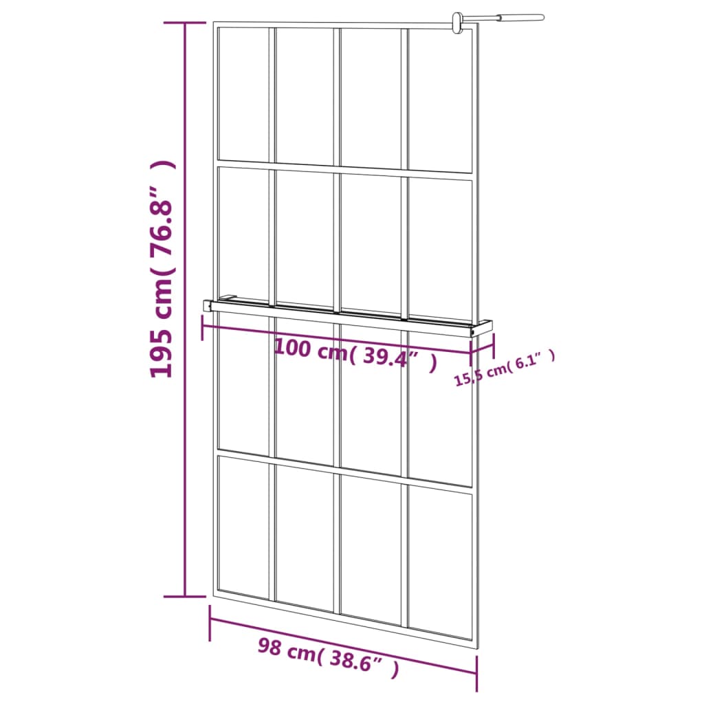 Inloopdouchewand met schap 100x195 cm ESG-glas aluminium zwart