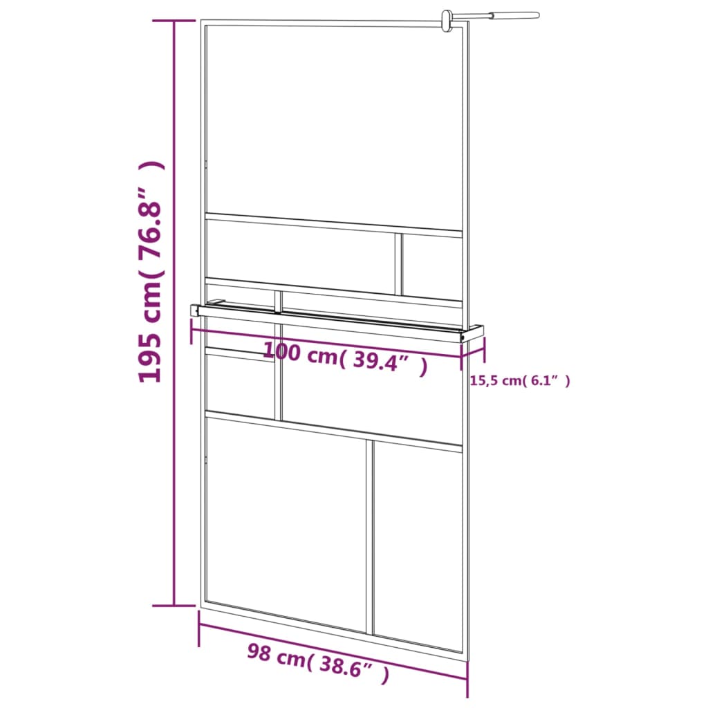 Inloopdouchewand met schap 100x195 cm ESG-glas aluminium zwart