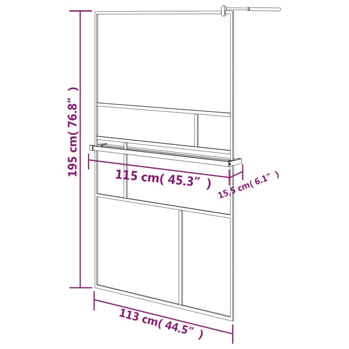 Inloopdouchewand met schap 115x195 cm ESG-glas aluminium zwart