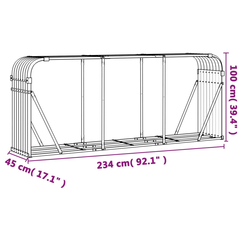 Haardhoutopslag 234x45x100 cm gegalvaniseerd staal antraciet