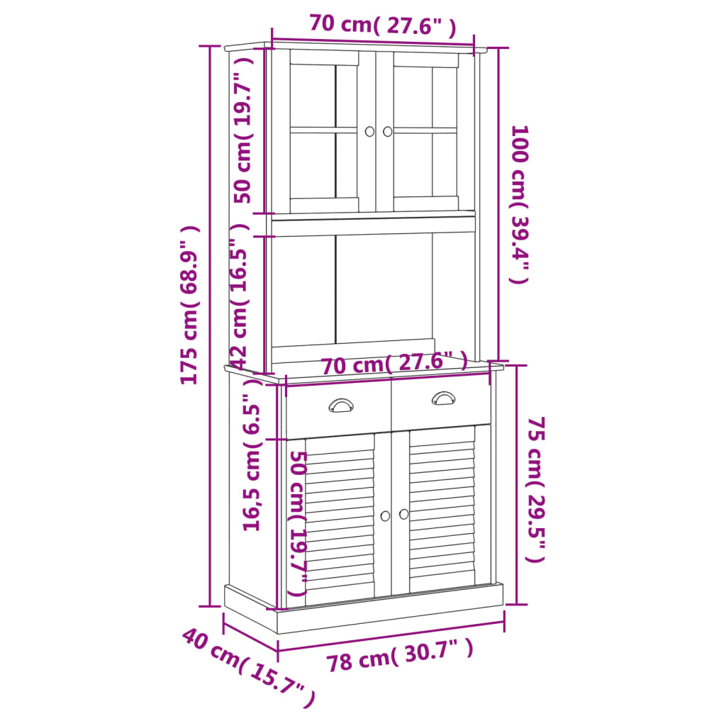 Hoge kast VIGO 78x40x175 cm massief grenenhout wit