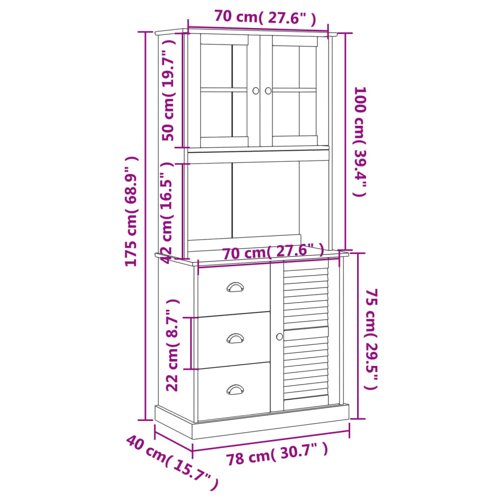 Hoge kast VIGO 78x40x175 cm massief grenenhout wit