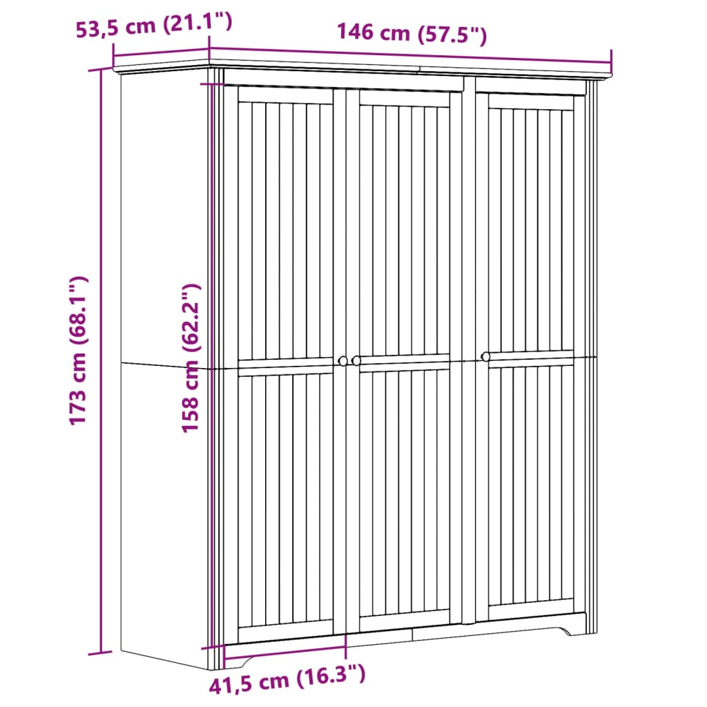 Kledingkast BODO 146x53,5x173 cm massief grenenhout wit bruin