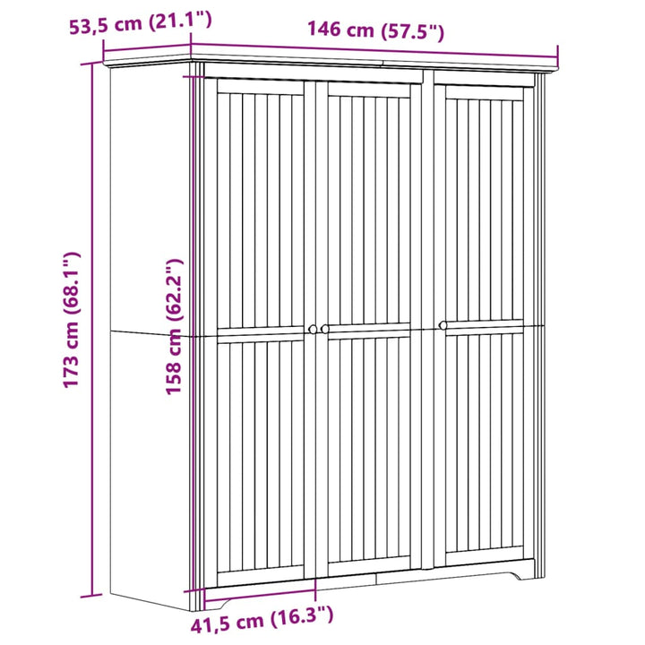 Kledingkast BODO 146x53,5x173 cm massief grenenhout wit bruin