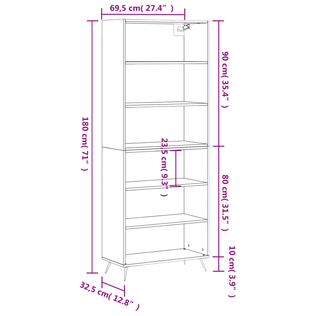 Hoge kast 69,5x32,5x180 cm bewerkt hout grijs sonoma eikenkleur