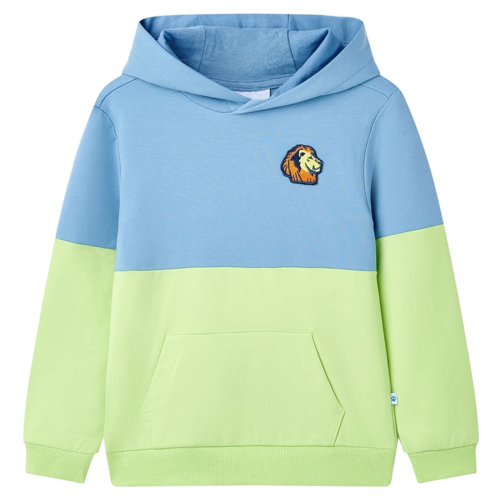 Kindertrui met capuchon 92 blauw en zachtgeel