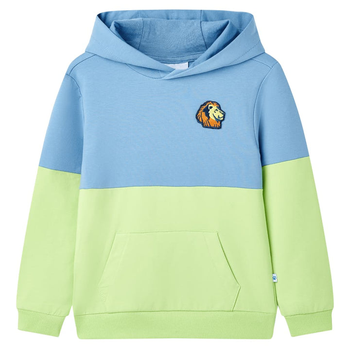 Kindertrui met capuchon 104 blauw en zachtgeel