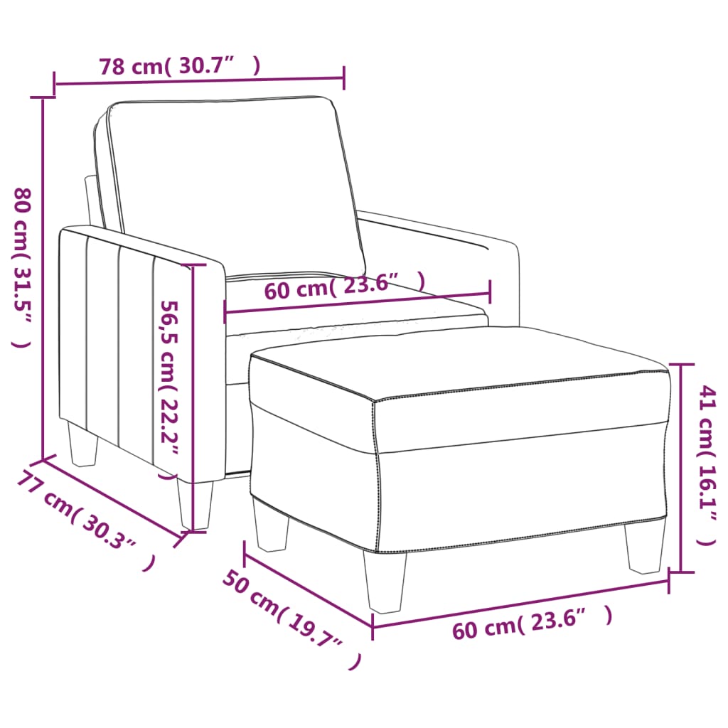 Fauteuil met voetenbank 60 cm stof lichtgeel