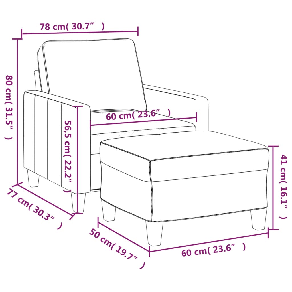 Fauteuil met voetenbank 60 cm stof taupe