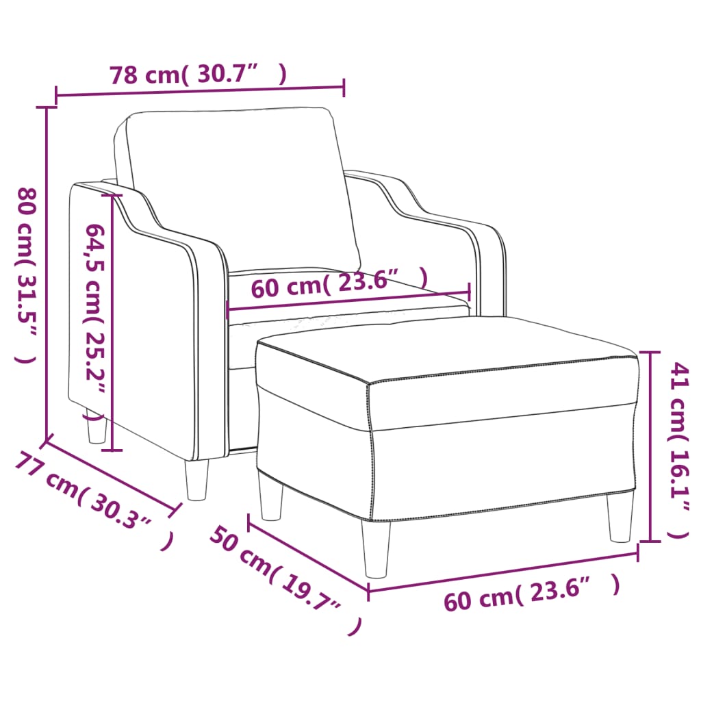 Fauteuil met voetenbank 60 cm stof lichtgrijs