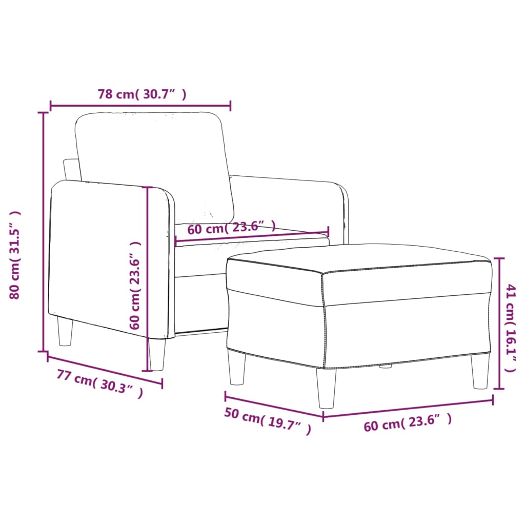 Fauteuil met voetenbank 60 cm fluweel lichtgrijs