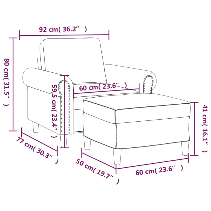 Fauteuil met voetenbank 60 cm fluweel wijnrood