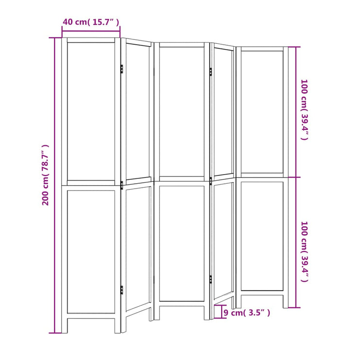 Kamerscherm met 5 panelen massief paulowniahout wit