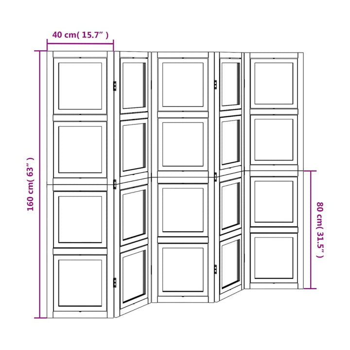 Kamerscherm met 5 panelen massief paulowniahout wit