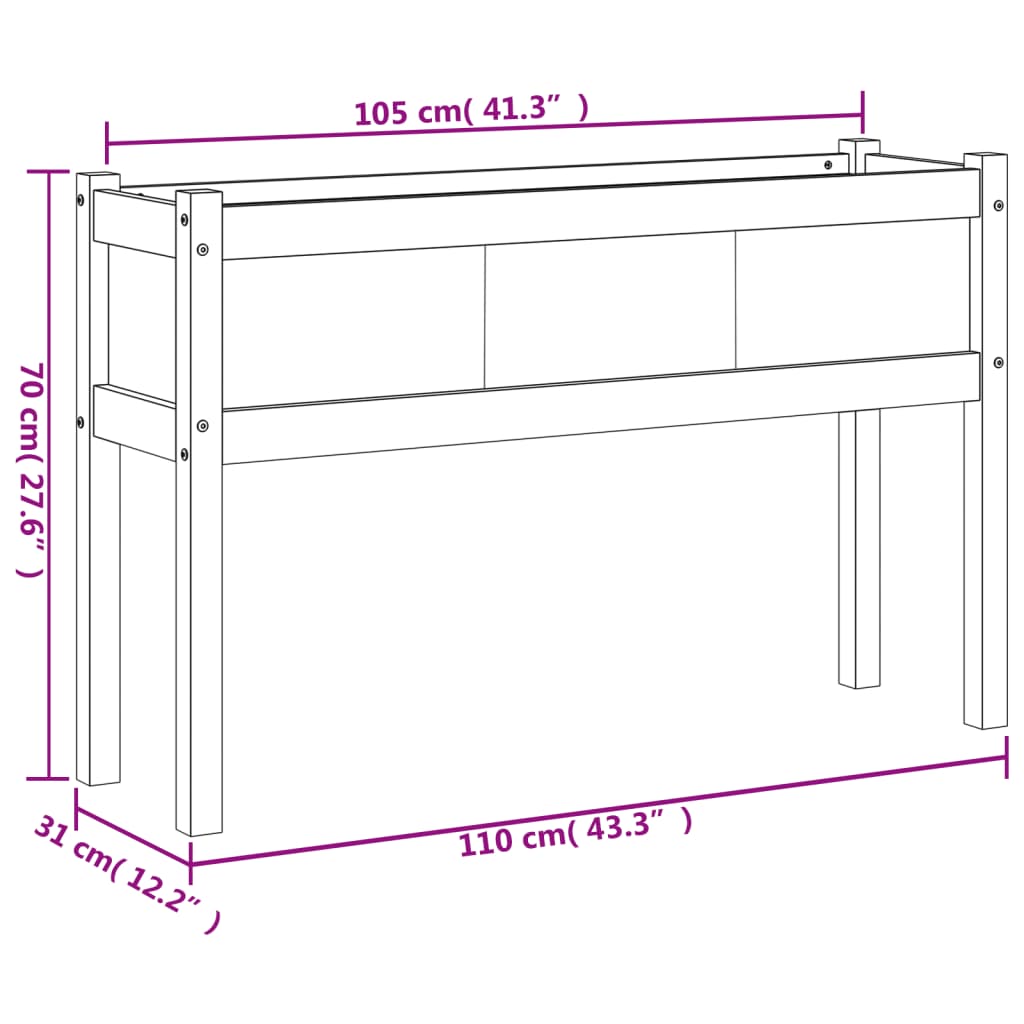 Plantenbak met poten 110x31x70 cm grenenhout wasbruin