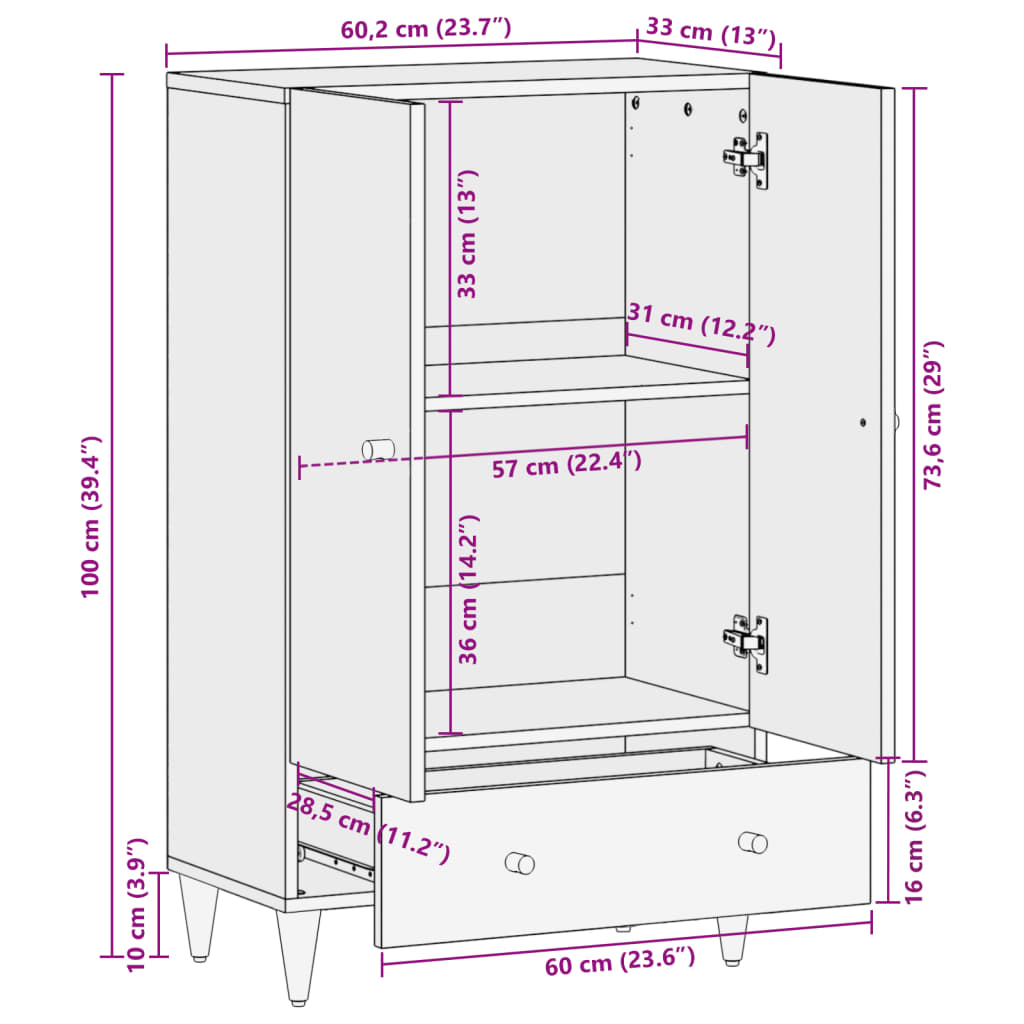 Hoge kast 60x33x100 cm massief mangohout