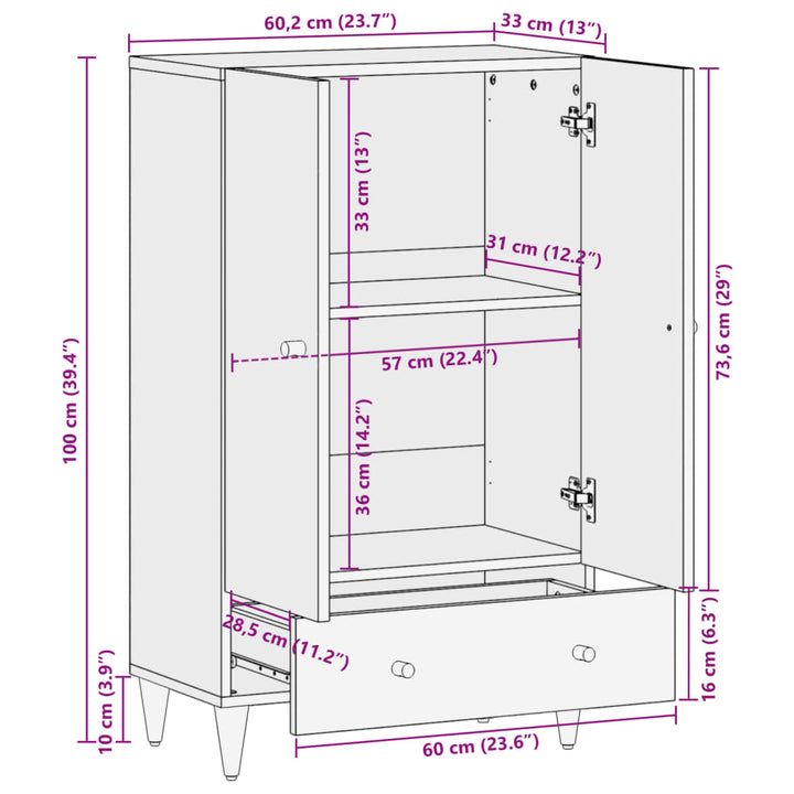 Hoge kast 60x33x100 cm massief mangohout