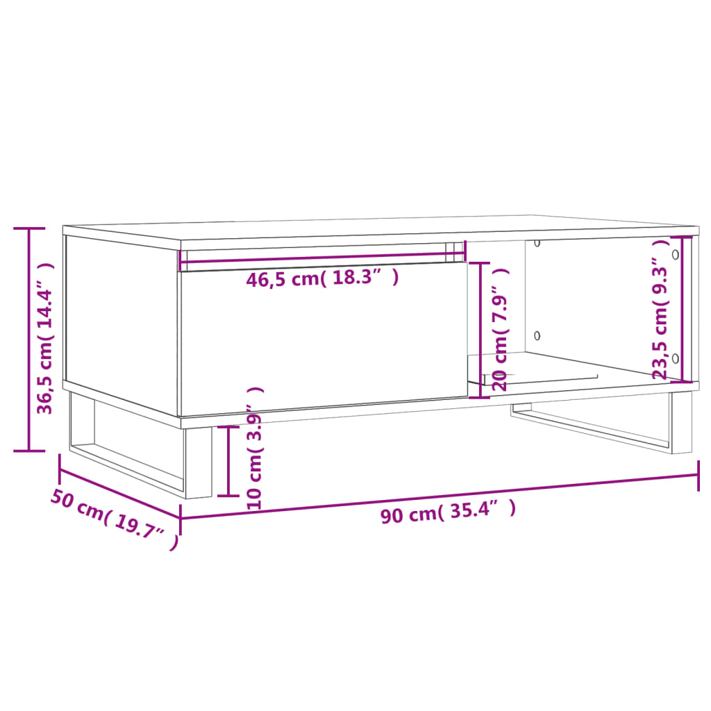 Salontafel 90x50x36,5 cm bewerkt hout wit